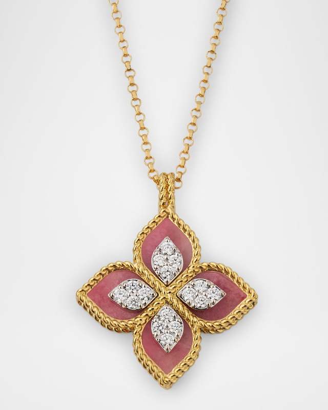 18K Yellow Gold Diamond and Rhodonite Necklace, 18"L